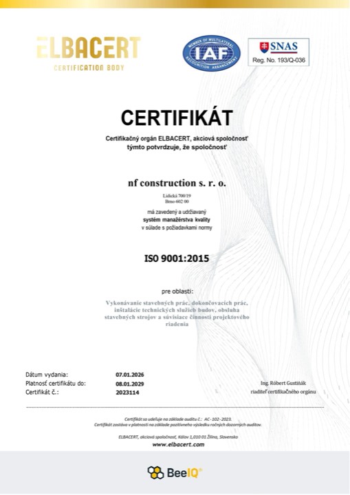 Certifikát ISO 9001 – NF Construction s.r.o.